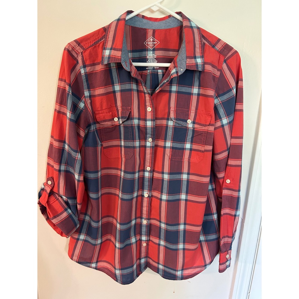St Johns Bay Womens Red Blue Plaid Roll Tab Button Down Shirt Size L Cotton